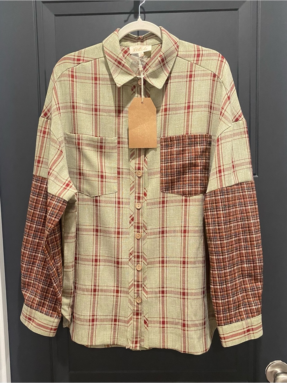 NEW Listicle Plaid Patchwork Button-Down Shirt Oversized Large